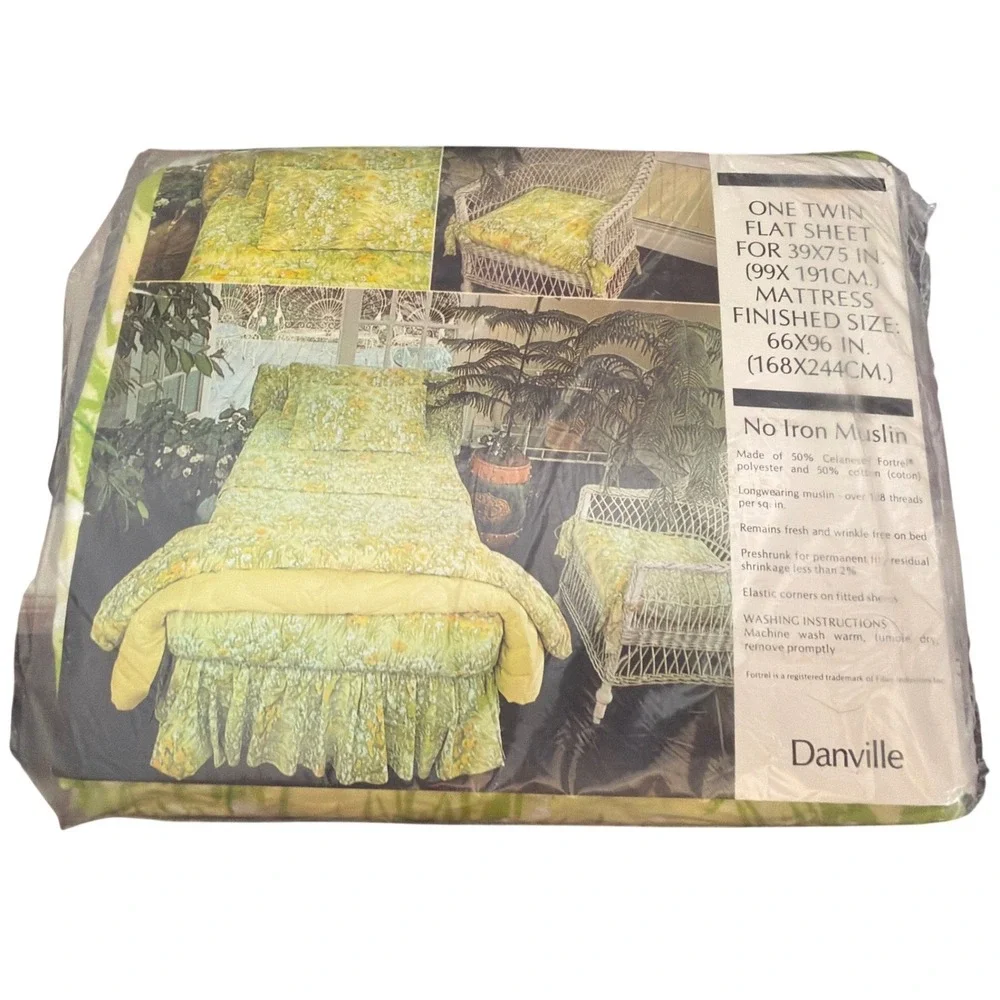 Vintage Danville Twin Flat Sheet Field Flowers Cottagecore Retro Floral Green